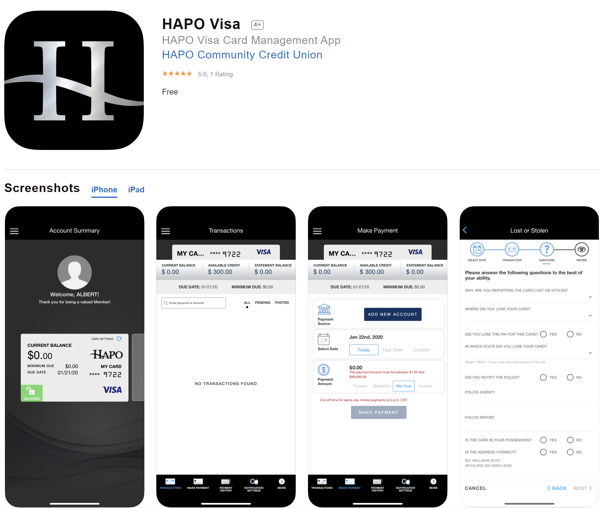 screen shots of Visa App credit card management